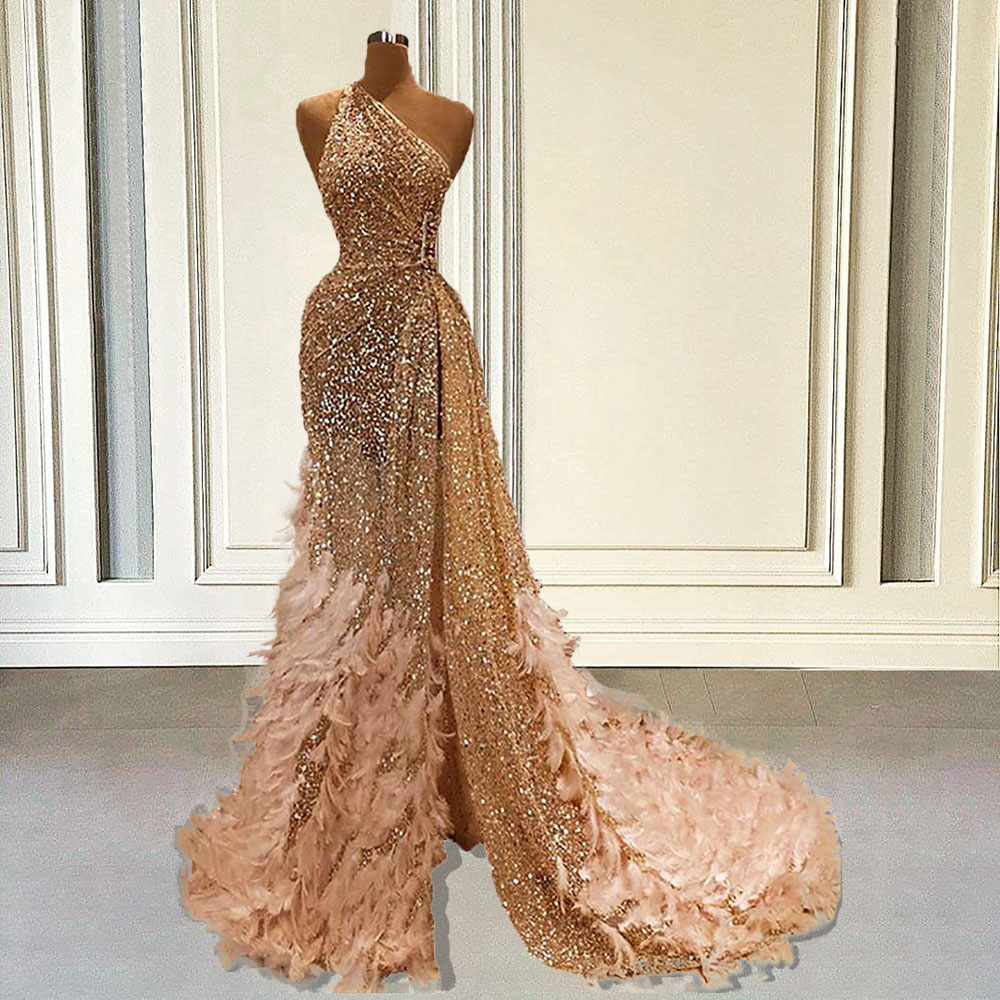 One Shoulder Long Mermaid Prom Dresses Luxury 2023 Sequin With Feathers High Slit Dubai Women Formal Party Evening Gowns