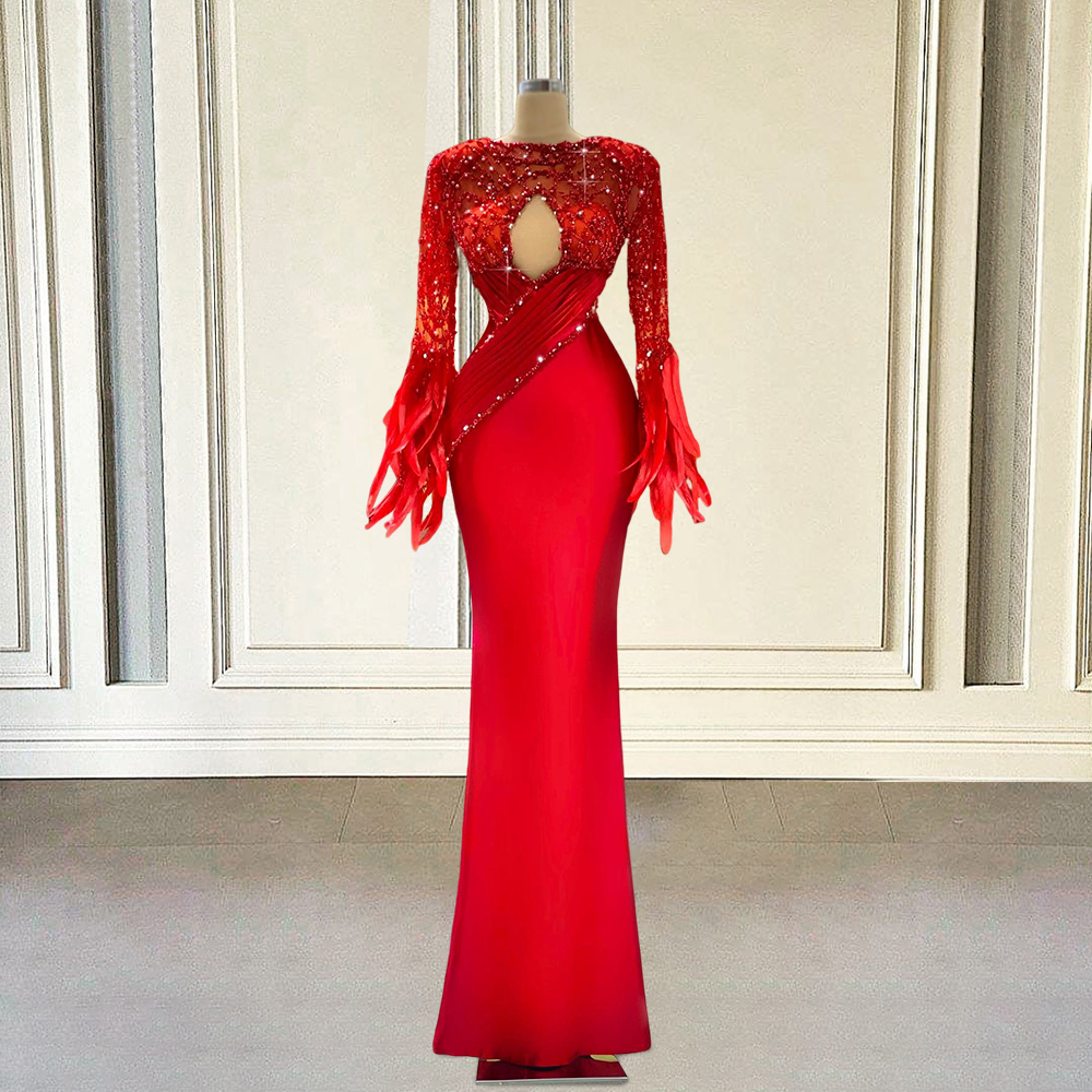 Luxury Beaded Red Mermaid Long Prom Dresses For Graduation Party 2022 Sexy Feathers Full Sleeves Women Formal Evening Gowns