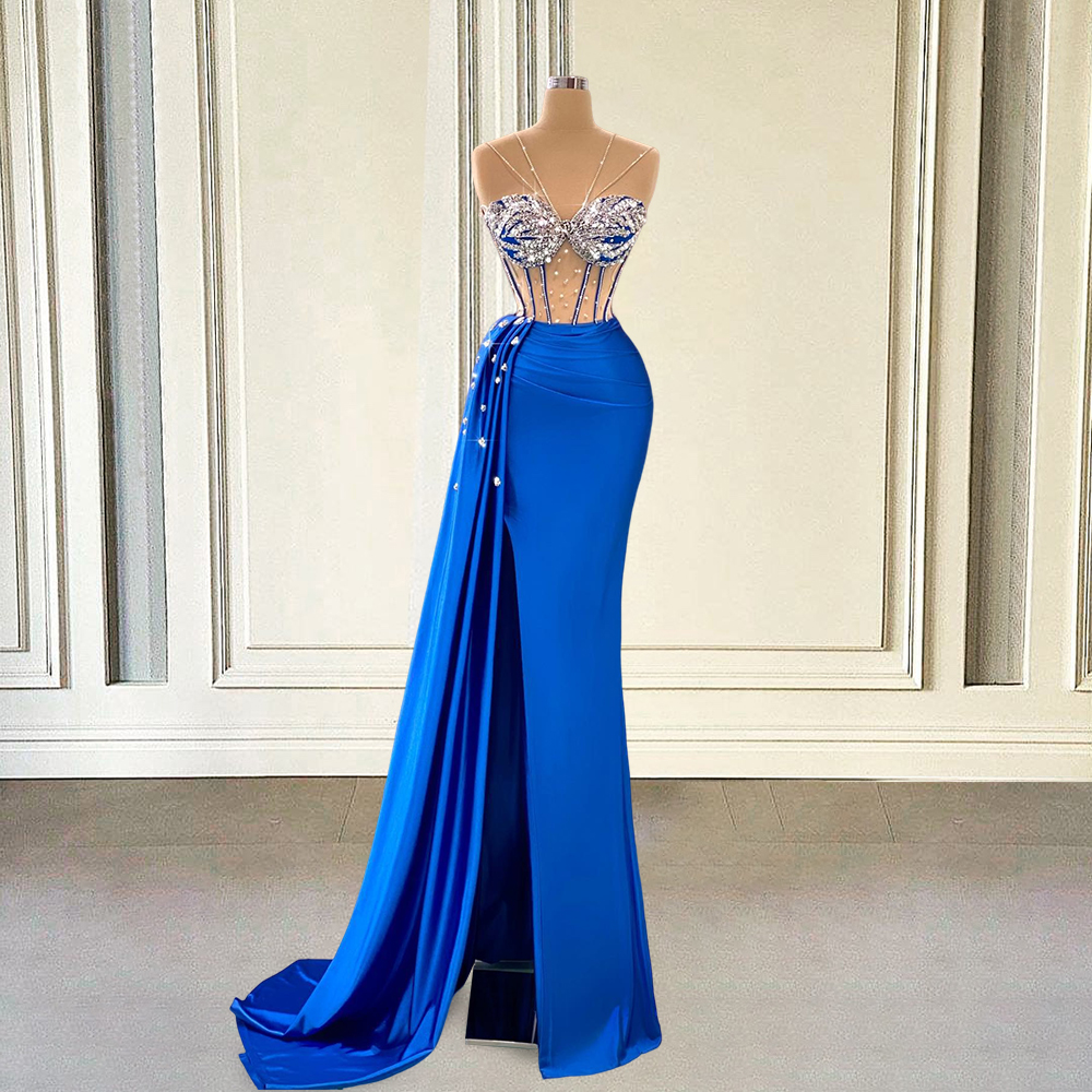 Glitter Beaded Blue Mermaid Long Prom Dresses For Graduation Party 2022 Sexy Sheer Mesh Gils Women Formal Evening Gown With Slit