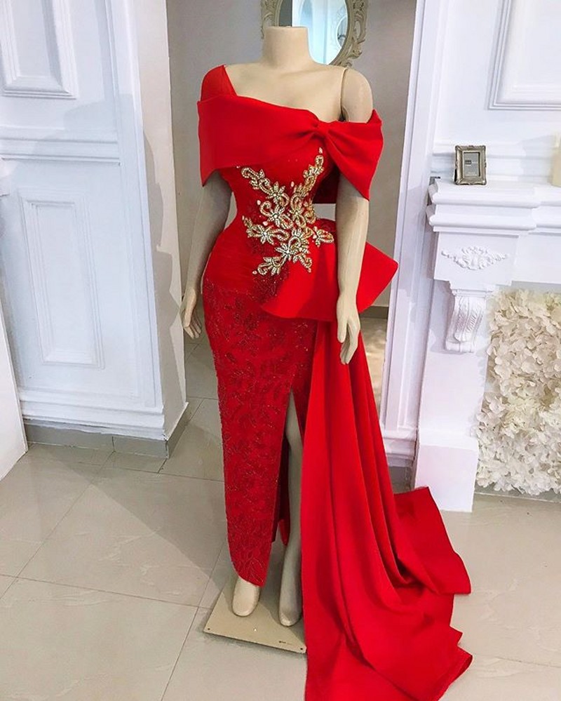 African Red Mermaid Evening Dresses Long Luxury 2023 Off Shoulder Beaded With Satin Overskirt Formal Dress Party Gown