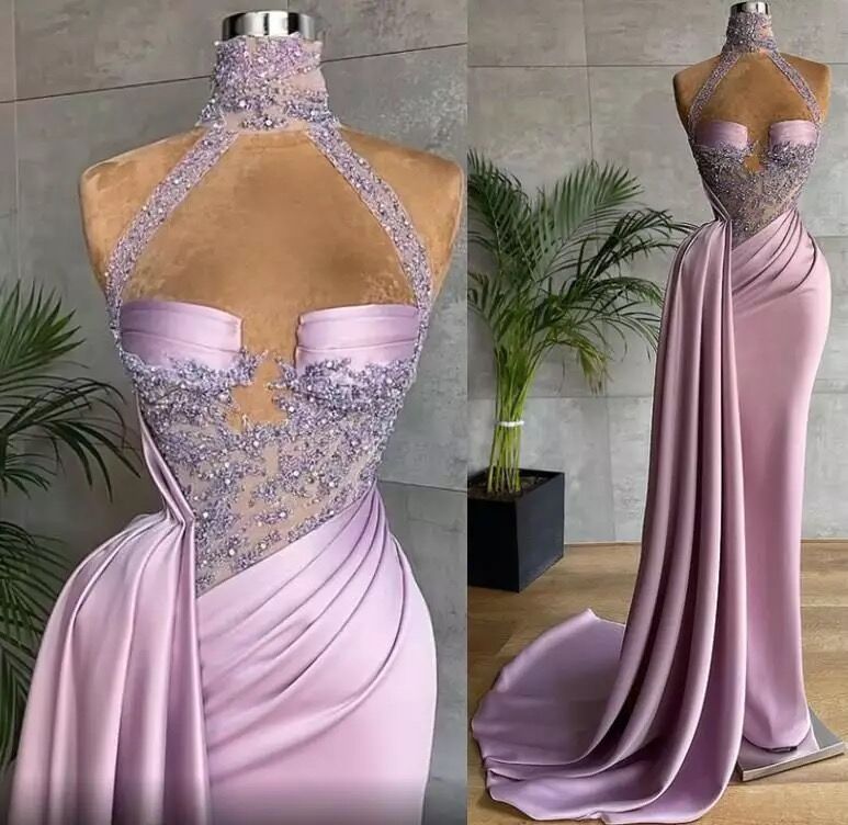 Lilac Arabic Dubai Evening Dress Long 2023 Luxury Mermaid Satin Beads With Train Sexy African Women Formal Prom Party Gown