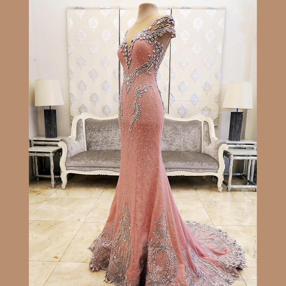 Elegant Pink Long Mermaid Evening Dresses Sleeveless Crystal Beaded Short Sleeves Women Formal Prom Dress Robes De Soiree