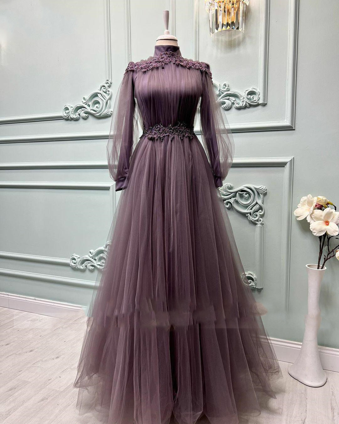 Customized(can Not Refund) Elegant A-line Muslim Formal Evening Dresses Long Sleeves Tulle High Neck Beaded Lace Women Prom Party Gowns Plus Size