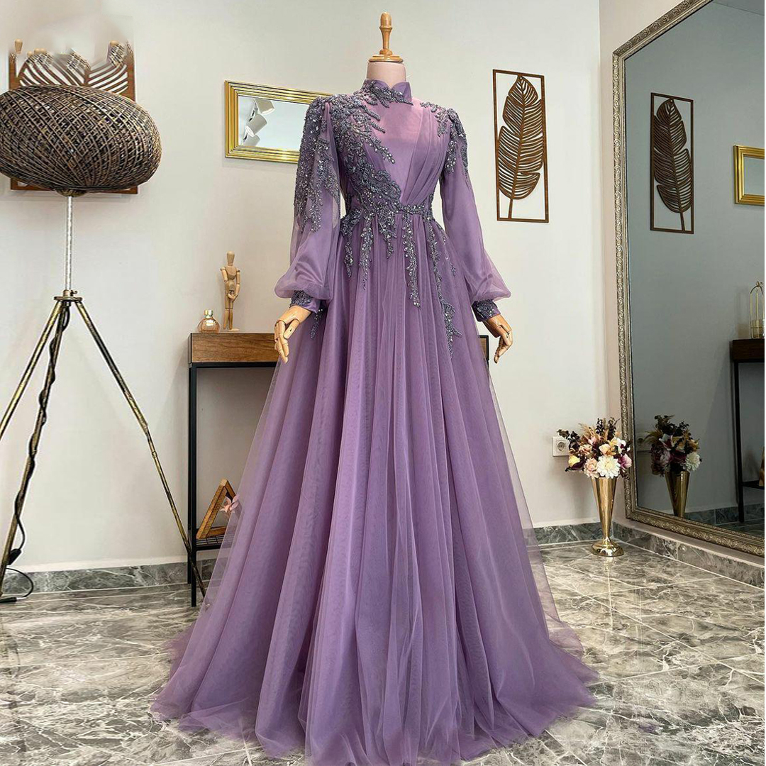 Purple Muslim Evening Dresses Long Luxury 2023 Beading Lace A-line Tulle Prom Gowns For Women Party Wear Formal With Sleeves