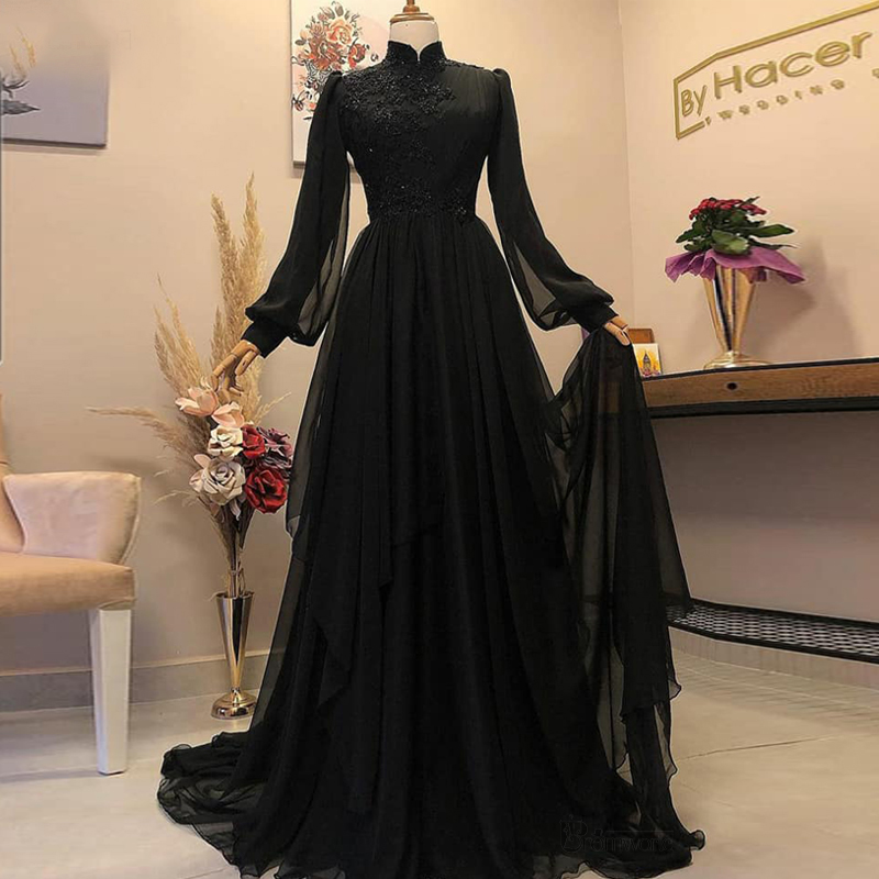 Black Long Sleeve Musilm Evening Dresses A-line High Neck Chiffon Dubai Arabic Formal Gown Prom Vestidos Elegantes Para Mujer