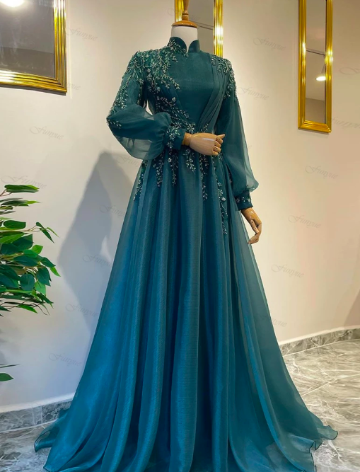 Elegant Teal Long Sleeve Muslim Formal Dresses 2023 A Line Tulle Lace Beaded Arabic Prom Evening Gowns For Women Robe De Mariée