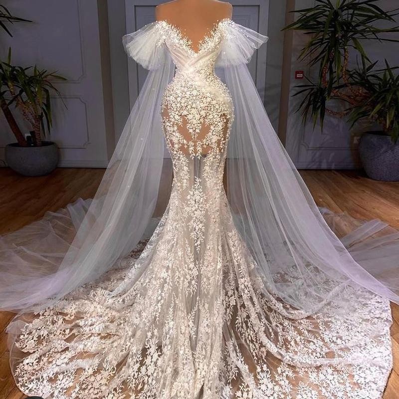 See Through Mermaid Wedding Dresses Lace Appliques Sheer Neck With Wrap Bridal Gown Formal Illusion Tulle Vestidos De Novia