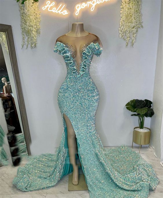 Sequins Prom Dresses, Arabic Prom Dresses, Evening Dresses, Party Dresses, Fashion Evening Gowns, Blue Prom Dresses, Crystal Prom Dress,