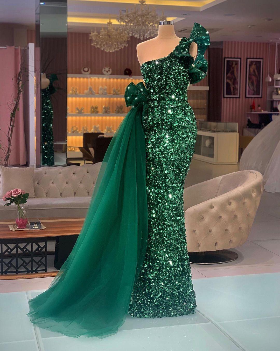 Luxury Green Sequin Tube Top Ladies Formal Cocktail Party Ball Detachable Skirt Mermaid Off Shoulder Evening Dresses Robe 2023