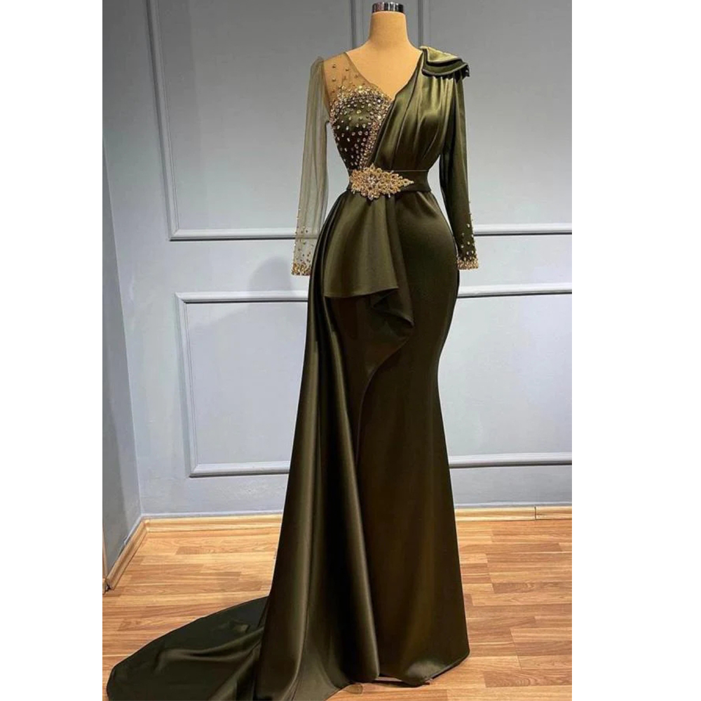 Luxury Women's Sexy V-neck Evening Dresses Satin Pleated Shiny Beads Prom Gowns Formal Fashion Celebrity Party 2023 Robe Vestido