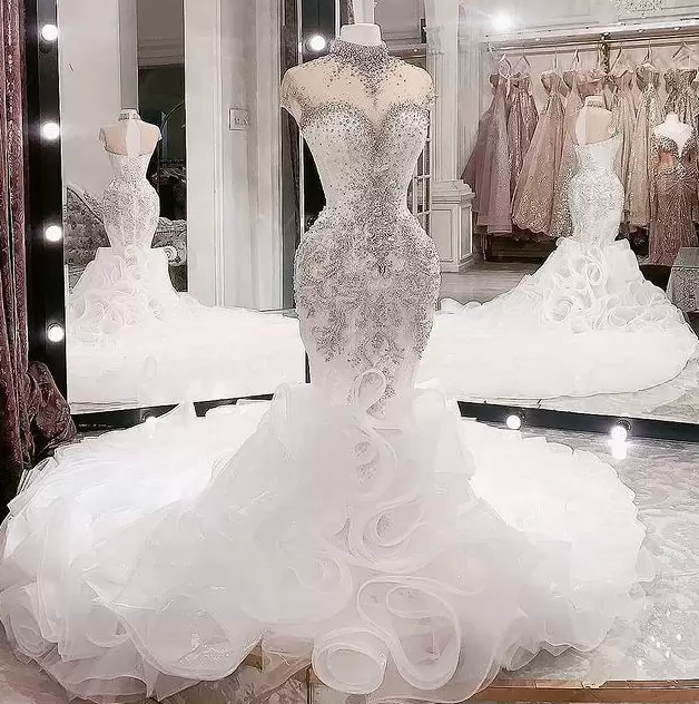 2023 Plus Size Arabic Aso Ebi Luxurious Beaded Crystals Wedding Dresses High Neck Mermaid Bridal Dresses Sheer Neck Wedding Gowns Zj935