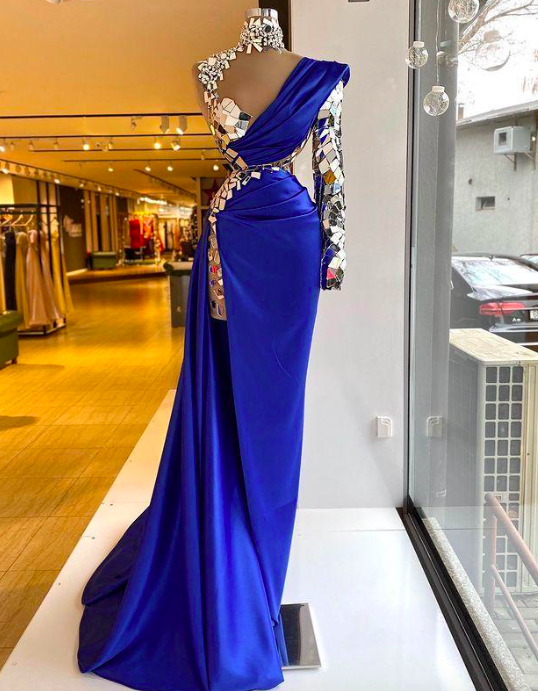 Royal Blue Prom Dresses Arabic Aso Ebi Luxurious Beaded Crystals Royal Blue High Neck Evening Dress Sheath One Shoulder Split Mermaid Formal