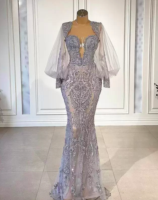 2023 Luxury Mermaid Lace Evening Dresses Beaded Long Sleeve Prom Dress Appliqued Formal Party Gowns Pageant Wear Custom Made