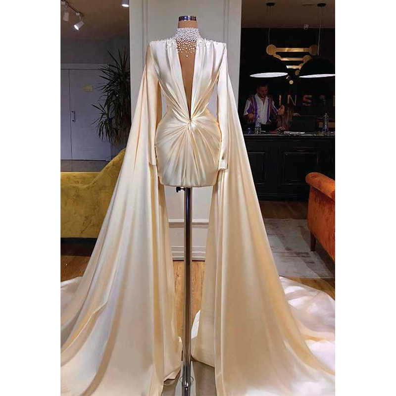 Elegant High Neck Prom Dresses Long Sleeves Evening Party Gown For Women Simple Soft Satin Beading Formal Robes De Soirée
