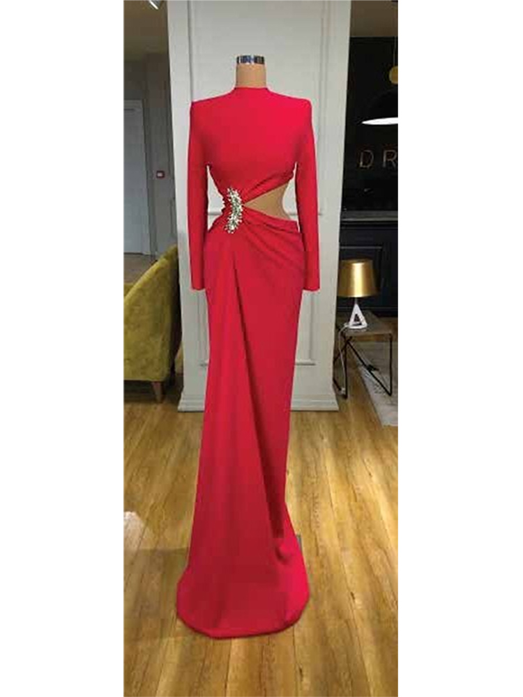 Elegant High Neck Beaded Prom Dresses Long Sleeves Evening Party Gown For Women Simple Soft Satin Formal Robes De Soirée