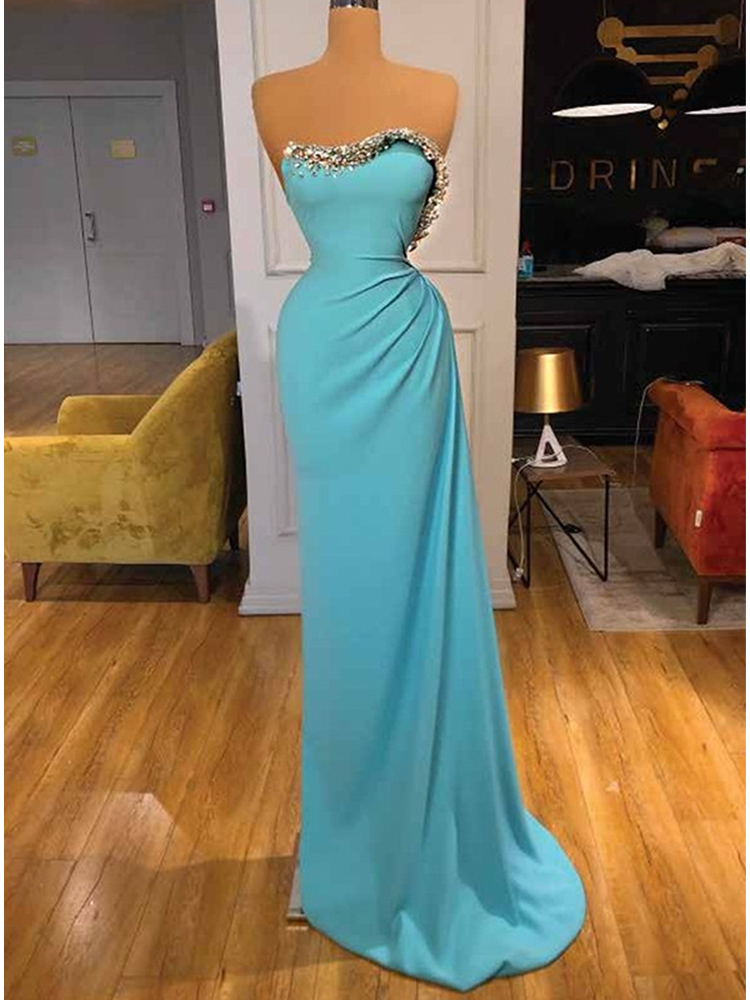 Sexy Strapless Beading Prom Dresses Sleeveless Simple Pleated Evening Formal Party Gown For Women Custom Made Vestidos De Gala