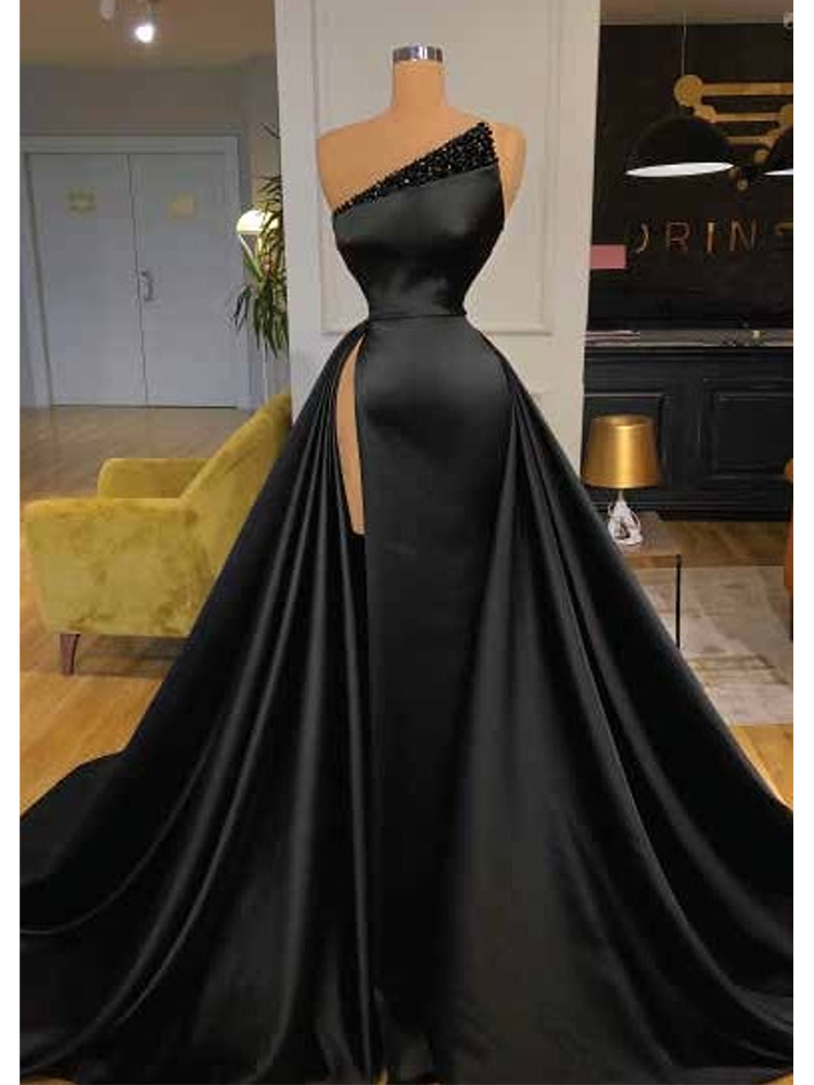 Elegant Prom Dresses One Shoulder Floor-length Beading Mermaid Evening Gown High Side Satin Slit Sweep Train Robes De Soirée