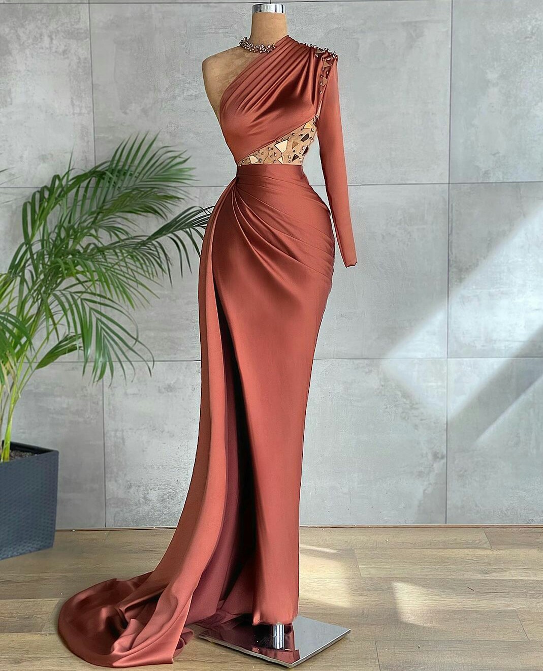 Brown Mermaid Beaded One Shoulder Evening Dresses High Side Split Prom Dress Custom Made 2023 Robes De Soirée