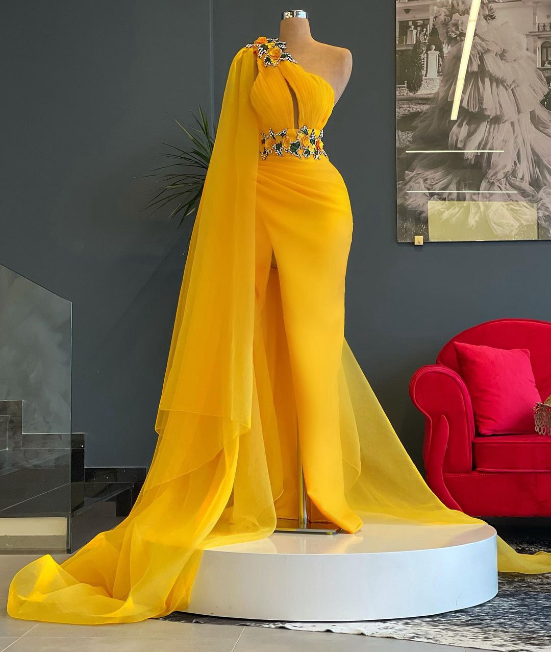 Crystals Yellow One Shoulder Mermaid Evening Dresses 2023 Charming Side Split Women Prom Dresses Party Cocktail Dresses