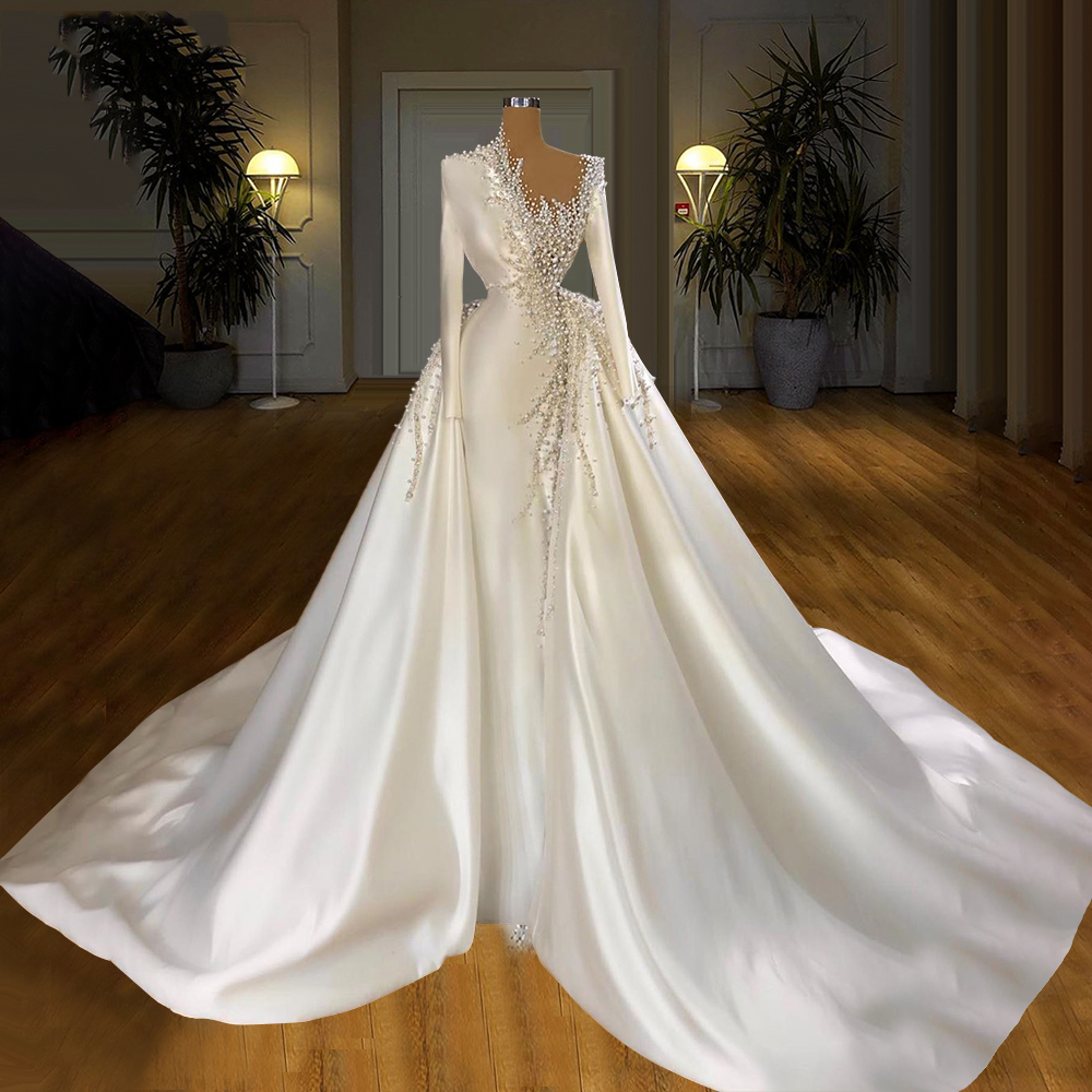 High Quliaty Satin Wedding Dresses Dubai 2023 Luxury Pearls Beads With Sleeves Long Train African Bride Bridal Gowns Plus Size