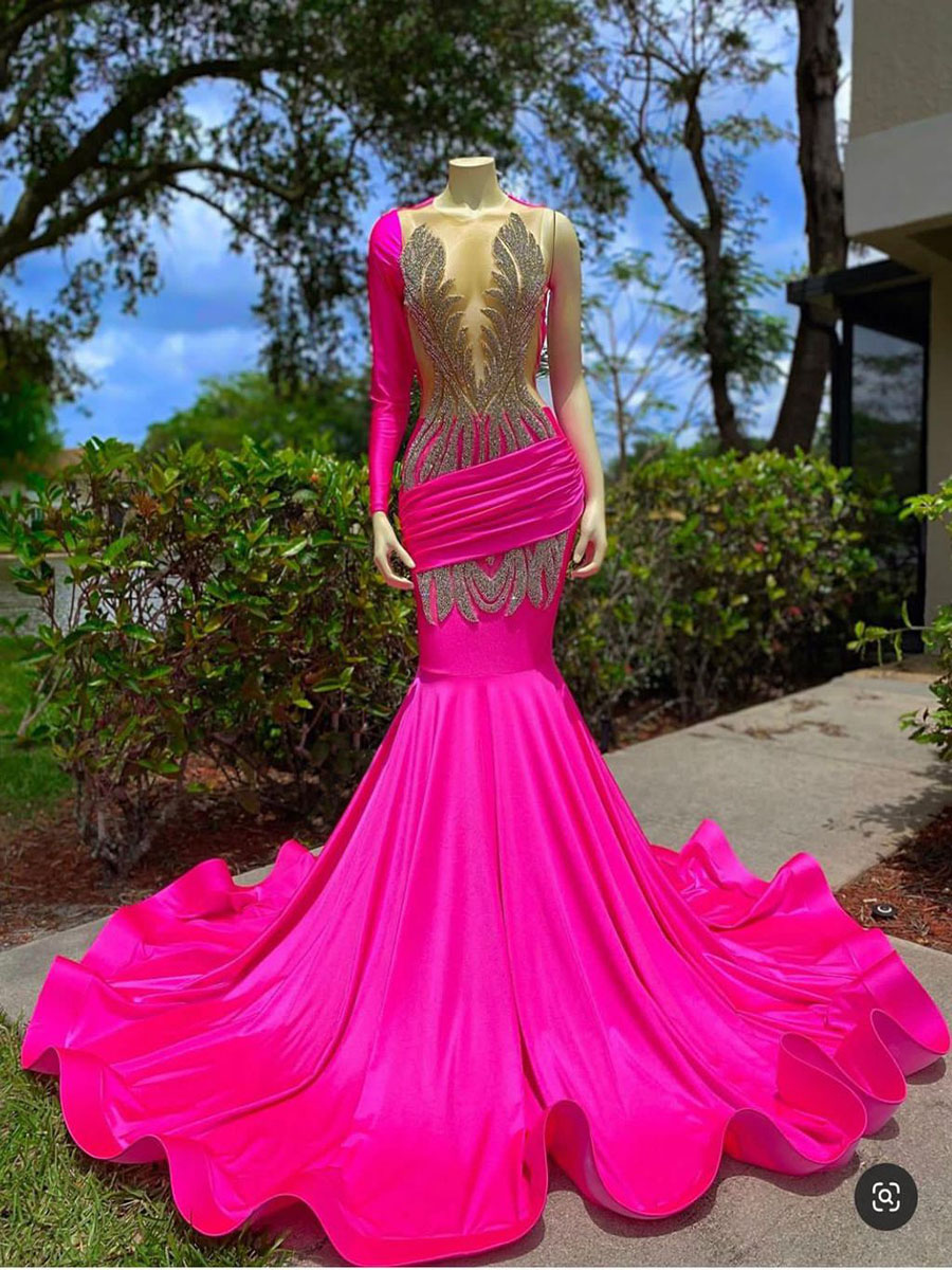 Sexy Open Back Pink Prom Dresses Mermaid 2023 Luxury For Black Girl Beads Long Sleeve Women Formal Evening Gown For Wedding