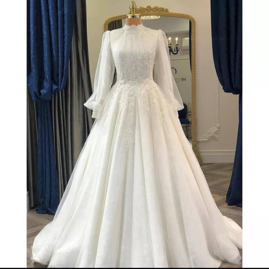 High Neck Muslim Wedding Dress 2023 Long Sleeves Bridal Gown Lace Flowers Tulle Bride Dresses Vestidos De Novia