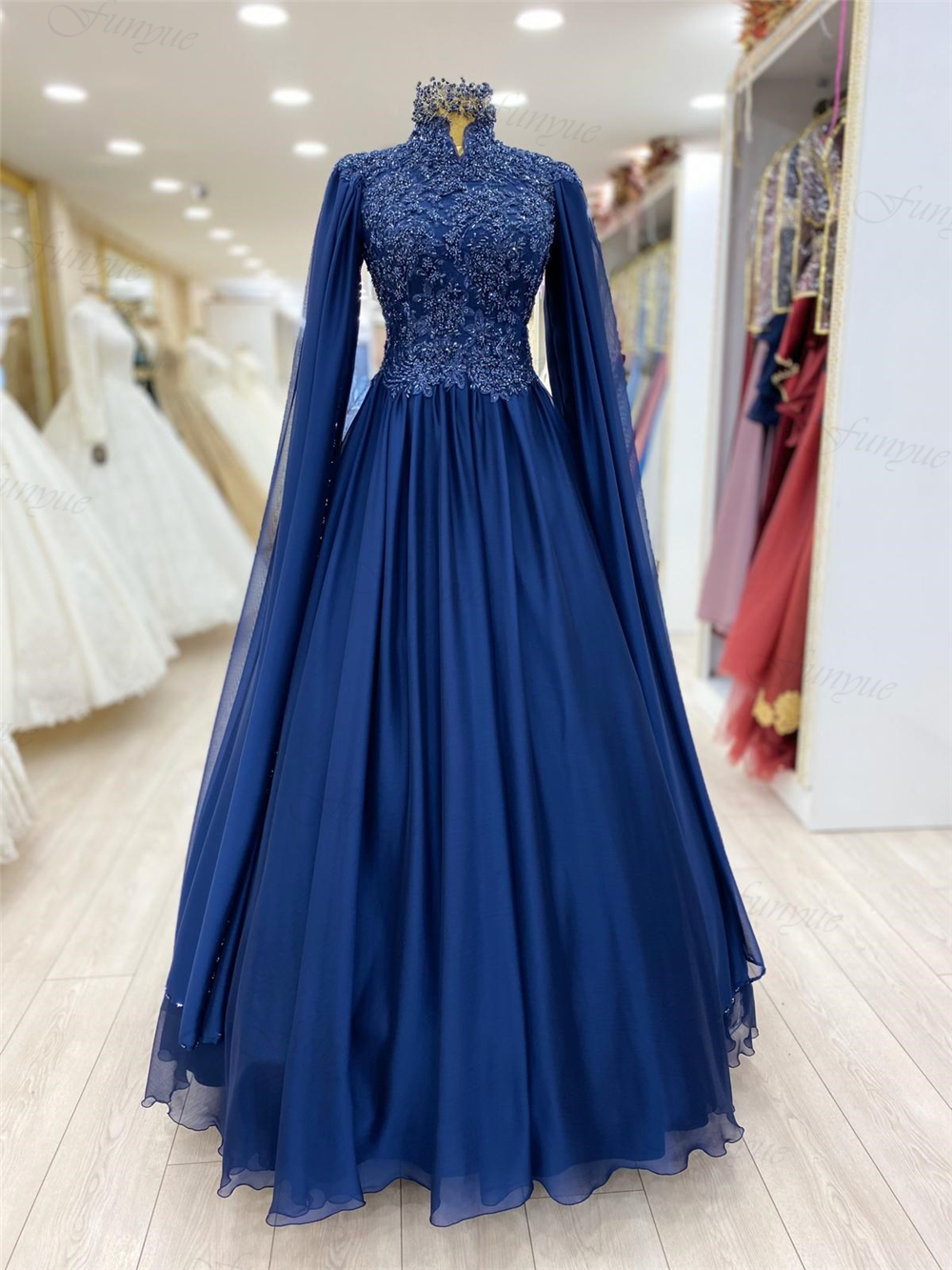 Abendkleider Royal Blue Hijab Formal Dress A-line Robe De Soirée De Mariage Lace Muslim Evening Gowns Long Sleeves Prom Dresses