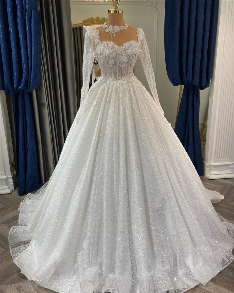 Luxury Bridal Ball Gown Wedding Dress Sweetheart Flowers Lace Glitter Sequins Long Sleeves Bride Dress Vestidos De Novia