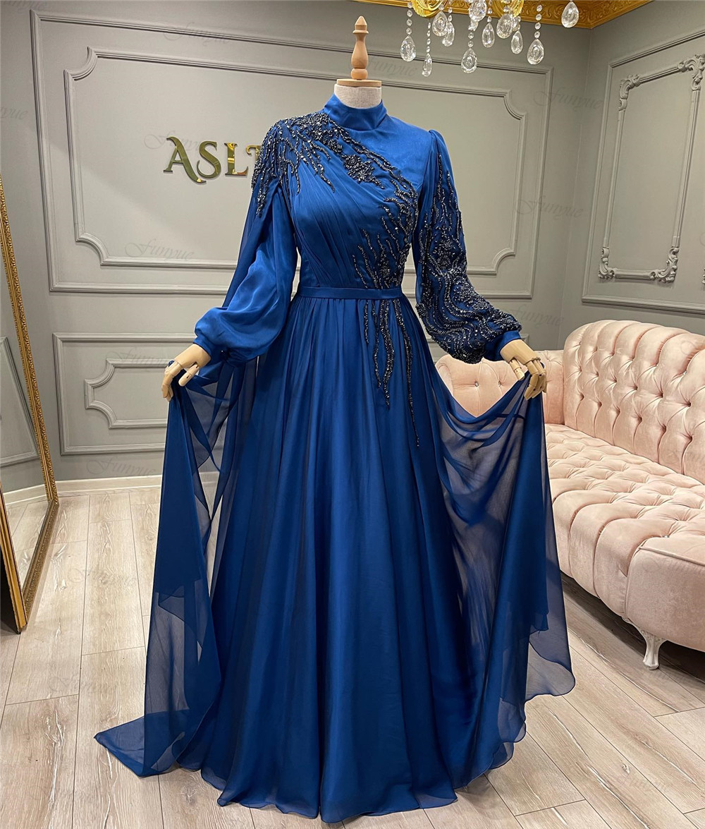 A-line Muslim Evening Dresses Long Luxury 2023 Beading Flowers Lace Women Formal Dress With Sleeves Satin Vestidos De Gala