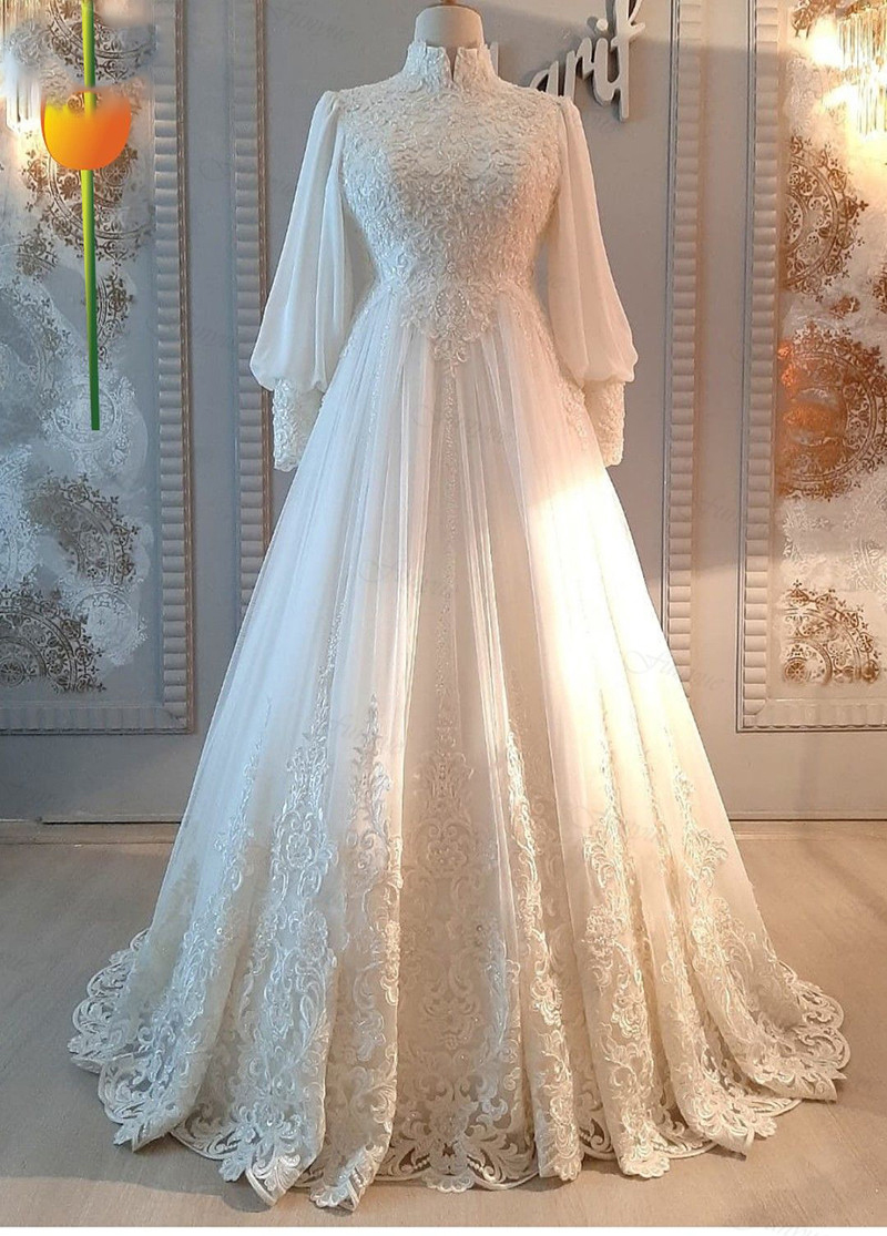 Ivory Long Sleeves Robe De Mariage Muslim Wedding Dresses Lace High Neck Arabic Dubai Bridal Gowns Bride To Be Dress 2023