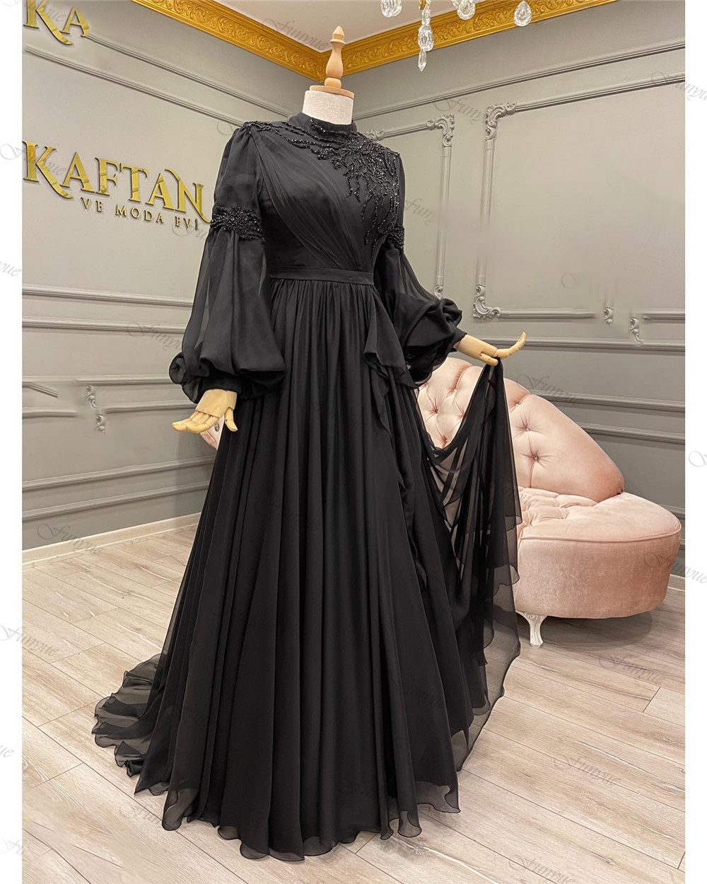 Black Evening Dresses Long Sleeves Beading Chiffon A-line Formal Prom Party Gown 2023 High Neck Abiye Gece Elbisesi