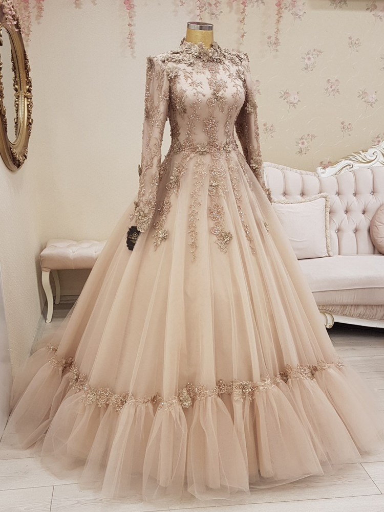 Delicate Champagne Appliques Lace Prom Dress 2023 Elegant Long Sleeve A-line Tulle Long Formal Evening Gown فساتين السهرة