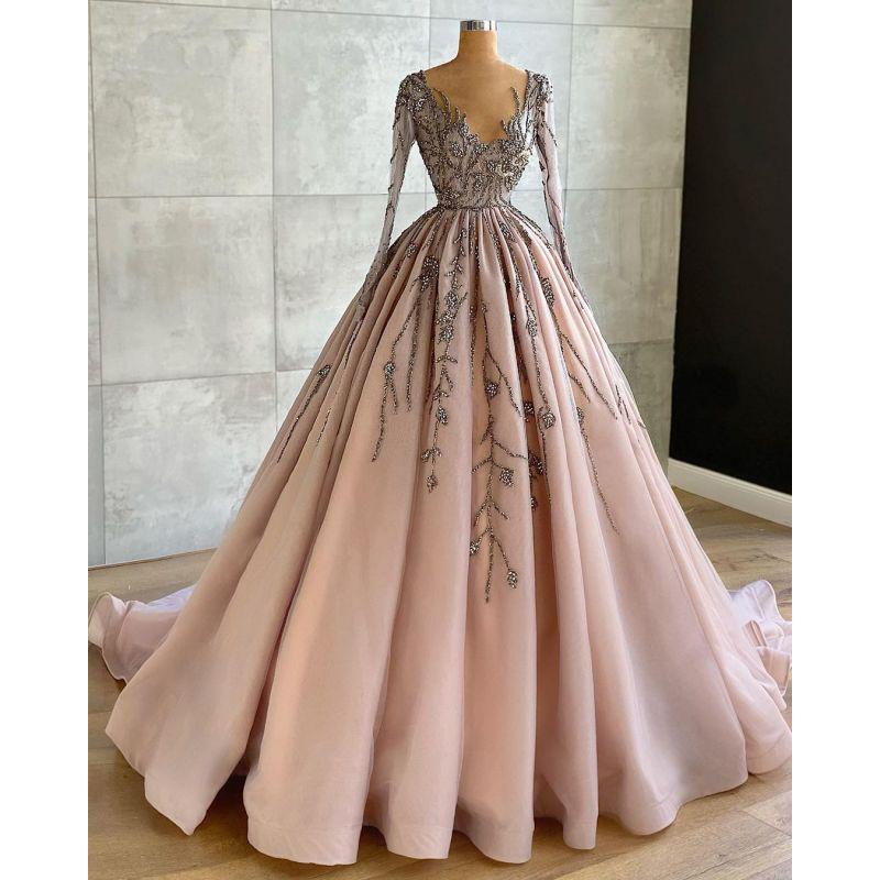 Luxury Elegant Prom Dresses Long Sleeves V Neck Appliques Pleated Ball Gown Floor Length Women Evening Party Custom Made