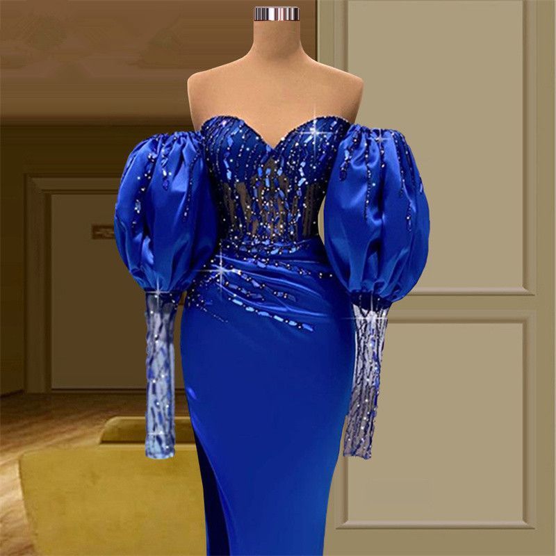 Royal Blue Mermaid Beaded Prom Dresses 2023 Off Shoulder Party Dresses Puff Sleeves Side Split Custom Madeformal Birthday Evening Dress