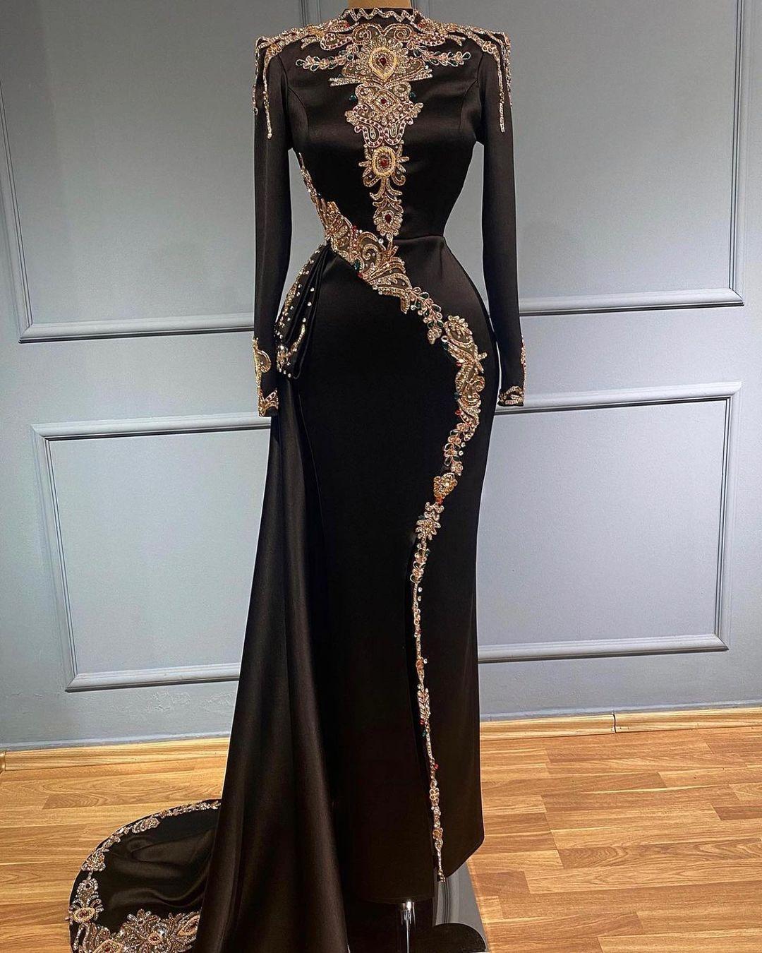 2023 Black Prom Dresses Arabic Aso Ebi Muslim Lace Beaded Crystals Long Sleeve Evening Formal Party Second Reception Engagement Gowns