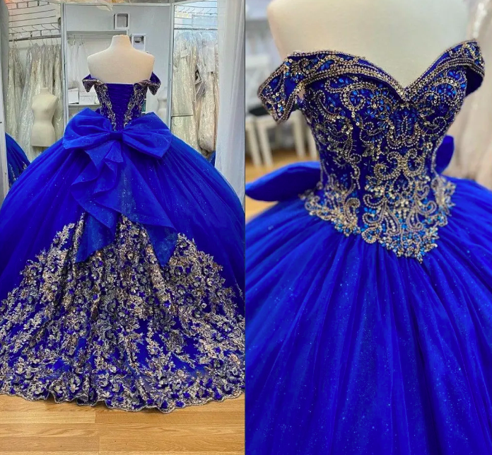 Sparkly Royal Blue Prom Dresses 8th Grade 2023 Beading Crystal Gold Floral Lace Applique A-line Quinceanera Dress Sweet 15 Formal Party Off The