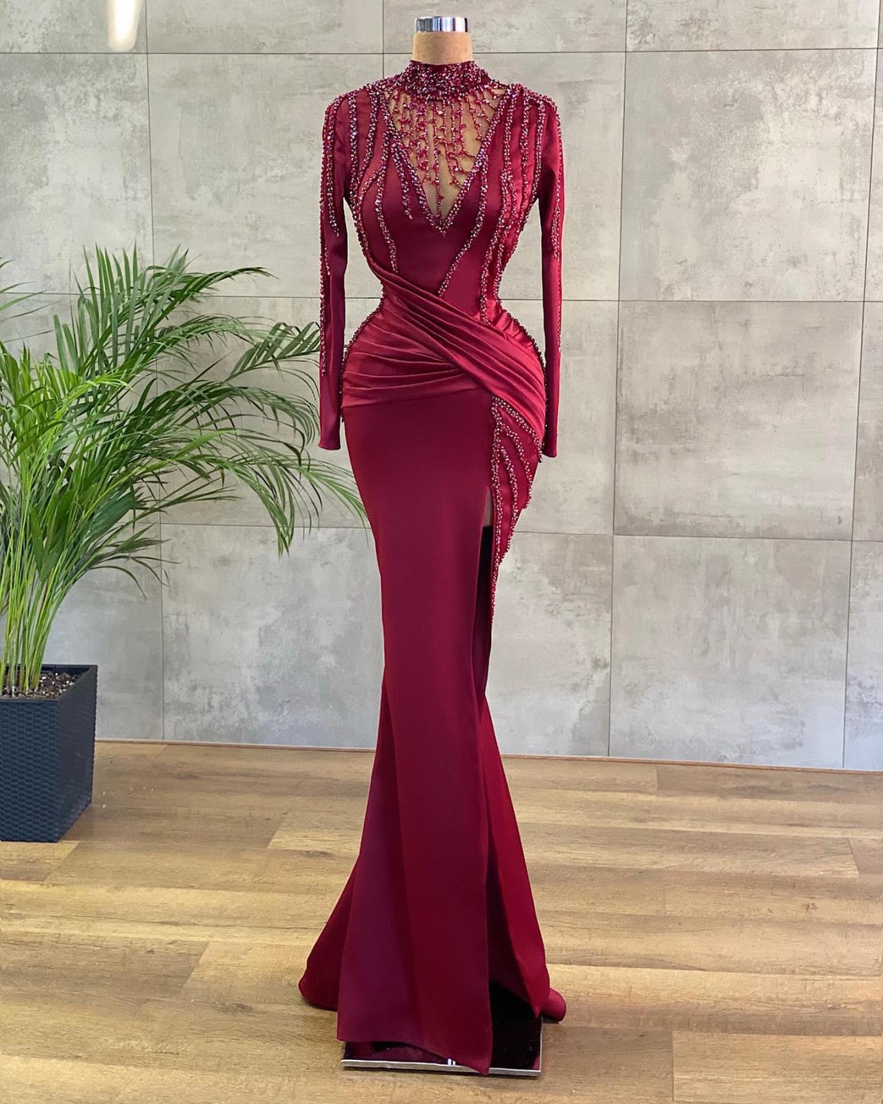 2023 Sexy Prom Dresses Burgundy Dark Red High Neck Long Sleeves Mermaid Illusion Sweep Train Crystal Beading Plus Size Evening Gowns Party