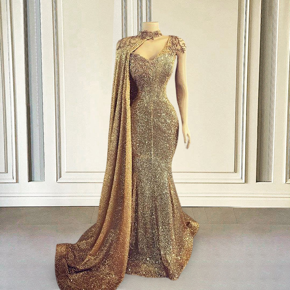 One Shoulder Gold Evening Dress Long Luxury 2022 Mermaid Sparkly Sequin Beads With Shawl Dubai Women Formal Dress Prom Gowns
