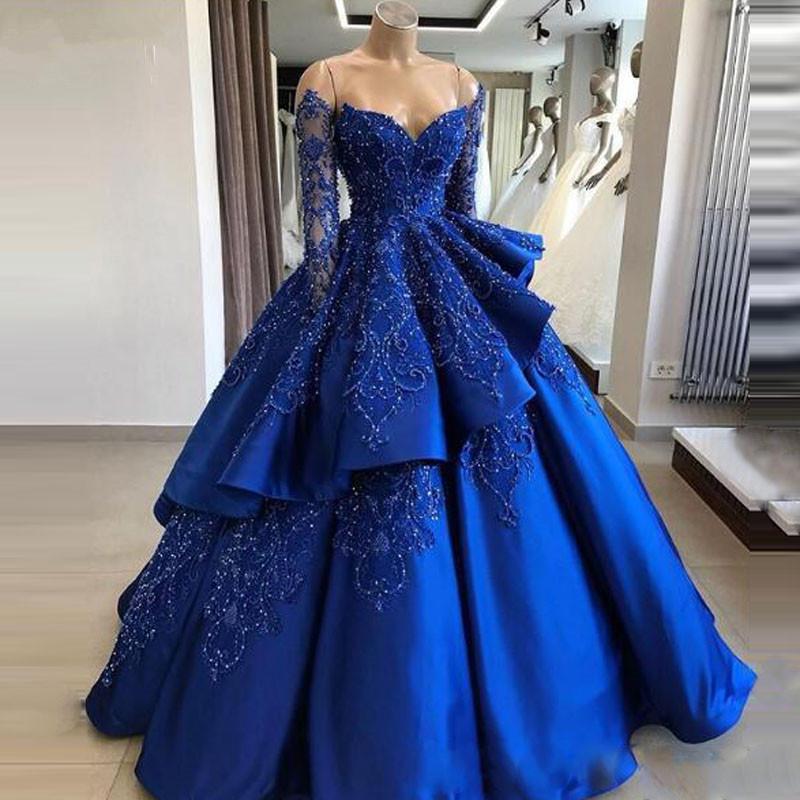 Royal Blue Appliqued Ball Gown Long Sleeve Prom Dress | JLDressCA