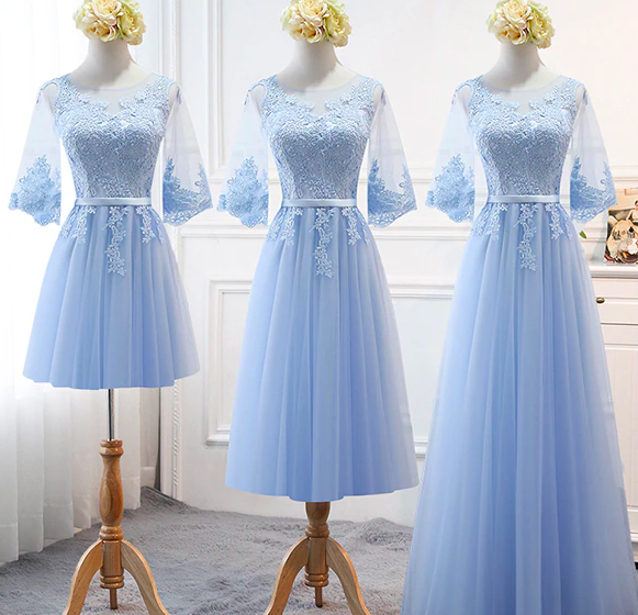Embroidered Sky Blue Bridesmaid's Dresses Long Lace Up Middle Sleeve Marriage Sister Christmas Dress Girls Wholesale
