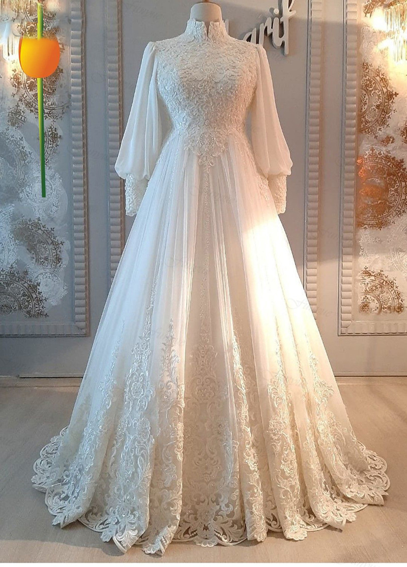 Ivory Long Sleeves Robe De Mariage Muslim Wedding Dresses Lace High Neck Arabic Dubai Bridal Gowns Bride To Be Dress 2023
