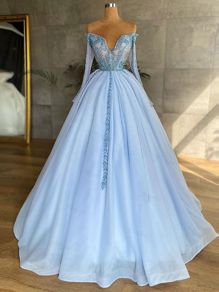 Light Blue Ball Gown Evening Dresses With Sleeves Off The Shoulder Beaded Lace Bodice Real Photo Prom Dress Long Formal Party