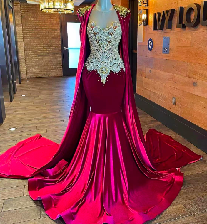 Arabic Prom Dresss, Burgundy Prom Dresses. Wine Red Prom Dresses, Cape Prom Dresses, Lacce Appliques Prom Dresses, Pearls Prom Dresses, Mermaid