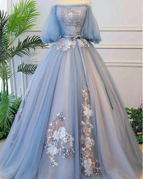 Blue Prom Dresses, Short Sleeve Prom Dresses, Off The Shoulder Prom Dresses, Tulle Evening Dresses, Ball Gown Evening Gowns, Sexy Formal Dresses,