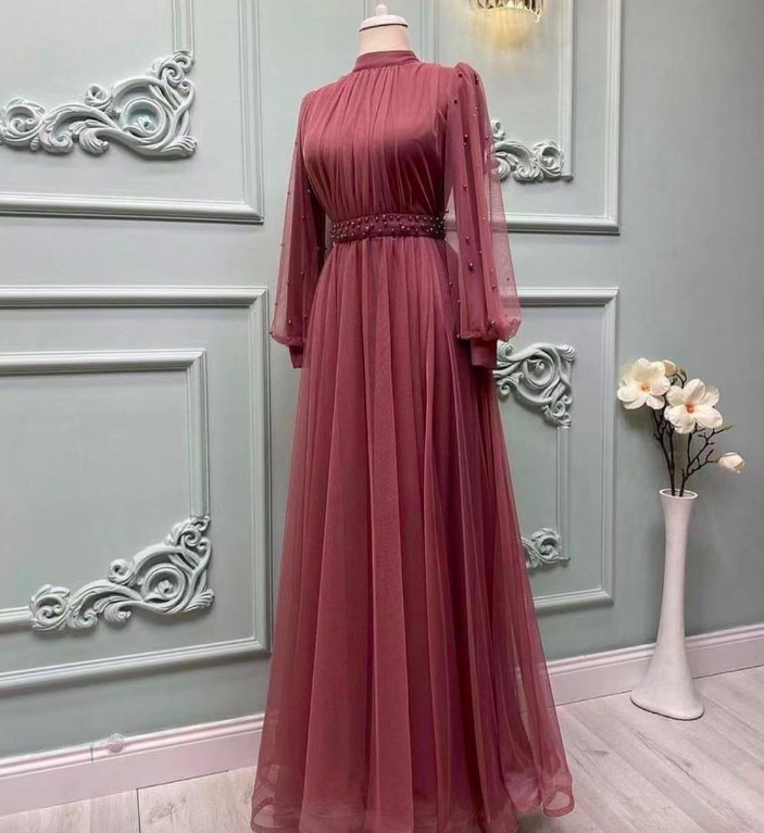 Red Prom Dresses, Long Sleeve Prom Dresses, A Line Prom Dresses, Tulle Evening Dresses, Sexy Prom Dresses, Evening Gowns With Pearls, Muslim Prom