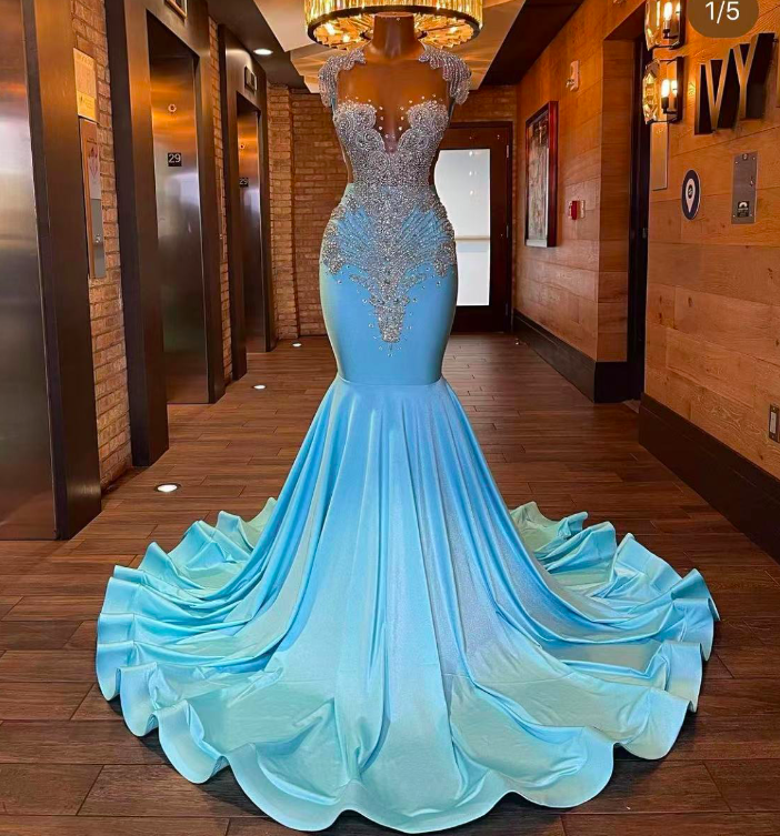 Crystal Prom Dresses, Blue Prom Dresses, Mermaid Prom Dresses, Court Train Prom Dresses, Beaded Prom Dresses, Mermaid Evening Dresses, 2022 Prom