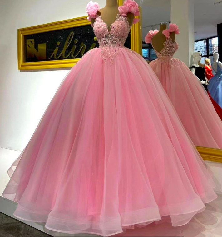 Pink Prom Dresses, Sexy Prom Dresses, V Neck Prom Dresses, Beaded Prom Dresses, Crystal Evening Dresses, Pearls Prom Dresses, Ball Gown Prom
