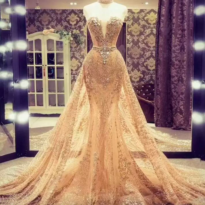 Champagne Prom Dresses Sweetheart Neckline Lace Appliques Beading Sequins Mermaid Detachable Train Tulle Long Evening Dresses Gowns
