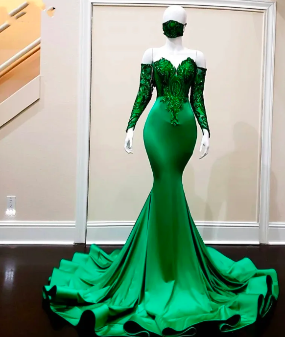 Elegant Dark Green Mermaid Prom Dresses 2023 Sequin Applique Party Gowns Long Sleeves Evening Dress Vestido De Novia