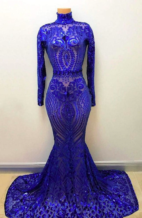 Stunning Royal Blue Mermaid Prom Dresses Vintage High Neck Long Sleeve Lace Sequins Sheer Illusion Bodice Girls Formal Evening Party Graduation